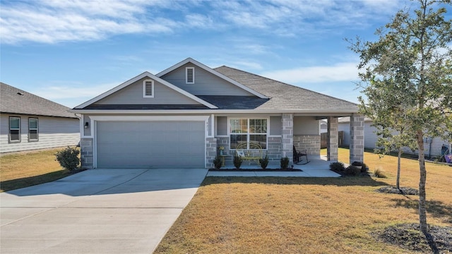 craftsman inspired home with a porch, a garage, and a front yard