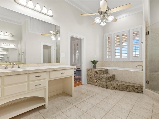 bathroom featuring vanity, tile patterned floors, ceiling fan, separate shower and tub, and ornamental molding