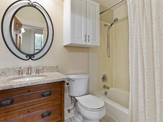 full bathroom featuring vanity, tile patterned flooring, shower / bathtub combination with curtain, and toilet