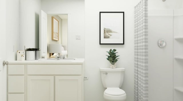 bathroom with a shower with curtain, vanity, and toilet