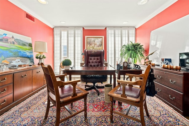 office area featuring a healthy amount of sunlight and ornamental molding