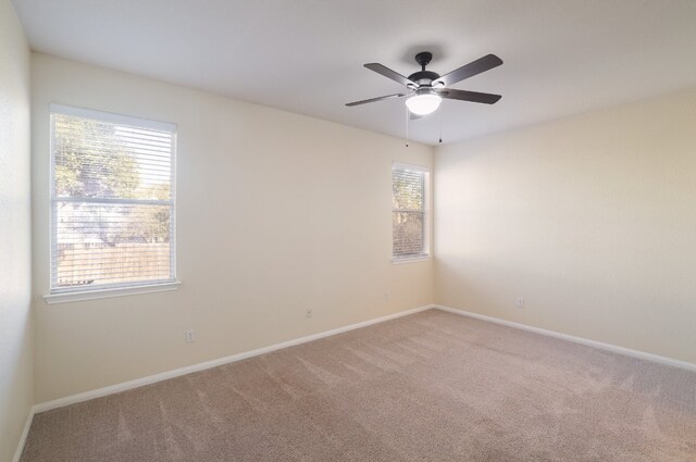 carpeted empty room featuring ceiling fan and a healthy amount of sunlight