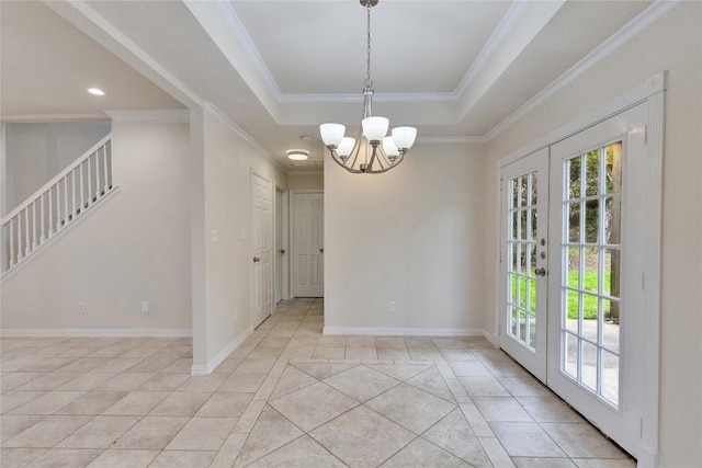 unfurnished dining area featuring french doors, an inviting chandelier, a tray ceiling, and light tile patterned floors