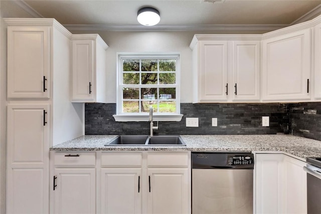 kitchen featuring white cabinetry, stainless steel dishwasher, and sink