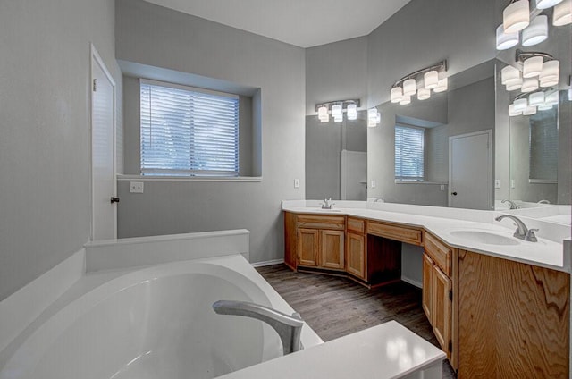 bathroom with double vanity, wood finished floors, a garden tub, and a sink