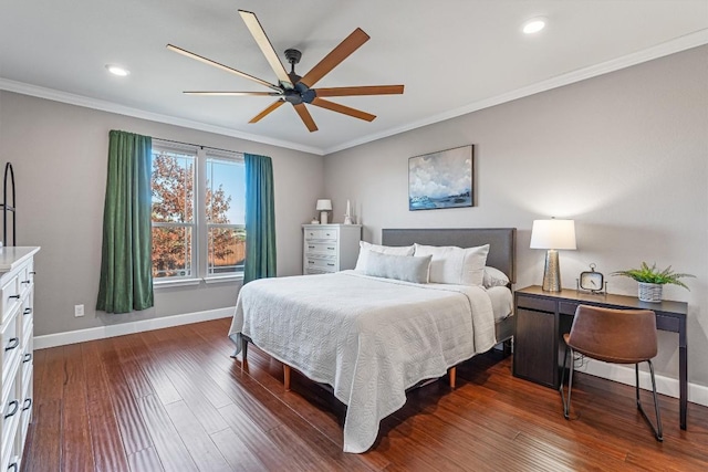 bedroom with dark hardwood / wood-style floors, ceiling fan, and ornamental molding