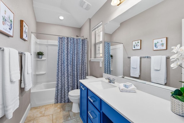 full bathroom featuring tile patterned floors, vanity, toilet, and shower / tub combo with curtain