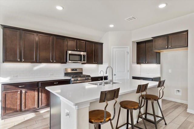 kitchen featuring decorative backsplash, stainless steel appliances, a kitchen island with sink, and sink