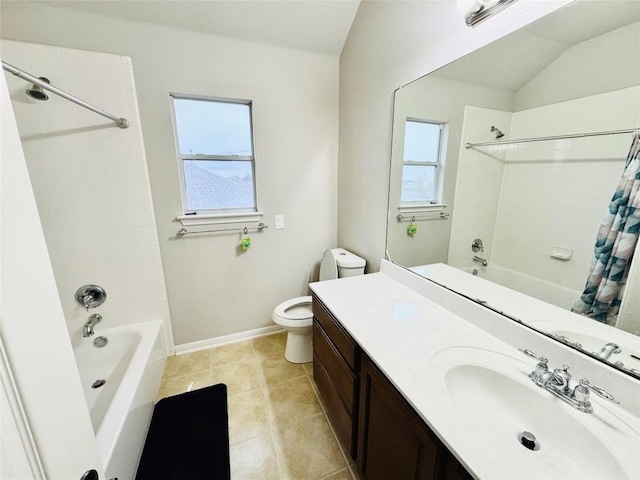 full bathroom with toilet, shower / bath combination with curtain, tile patterned floors, and a wealth of natural light