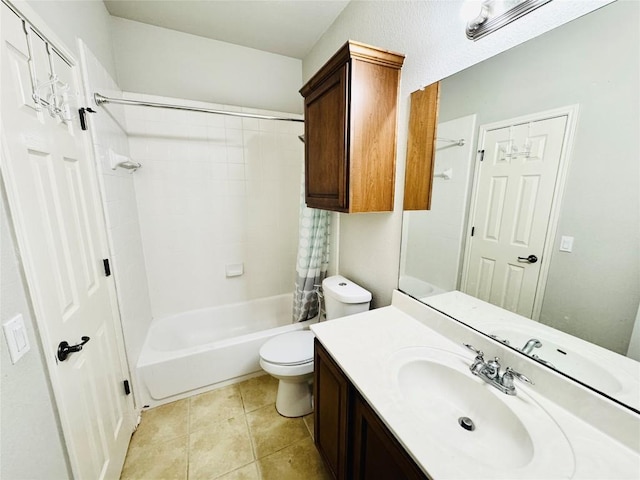 full bathroom with tile patterned floors, vanity, toilet, and shower / bathtub combination with curtain