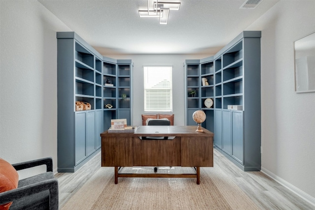 office area featuring a textured ceiling and light hardwood / wood-style floors