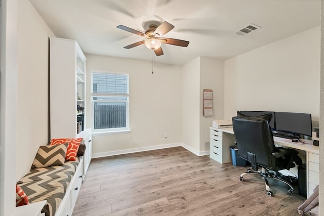 home office featuring ceiling fan and light wood-type flooring