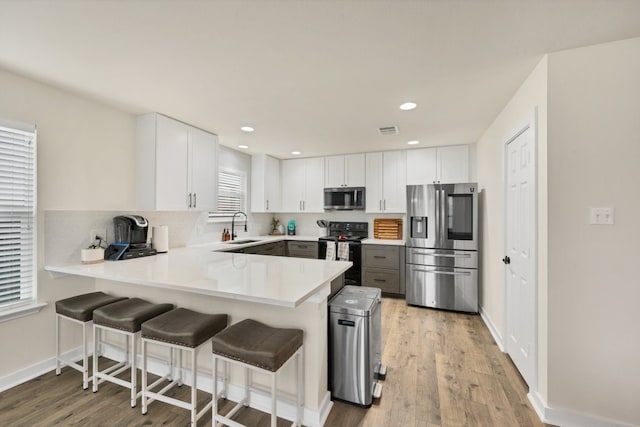 360 Gina Dr, Kyle, TX 78640 - kitchen with stainless steel appliances, a sink, a peninsula, light wood-style floors, and light countertops