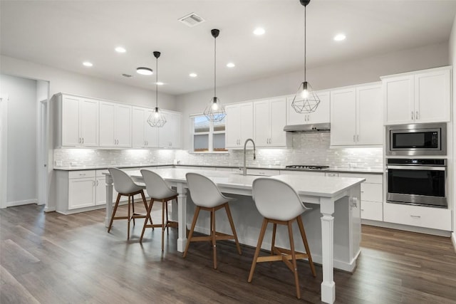 kitchen featuring white cabinets, an island with sink, and stainless steel appliances