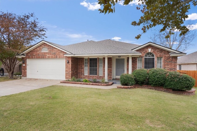 ranch-style house with a front yard and a garage