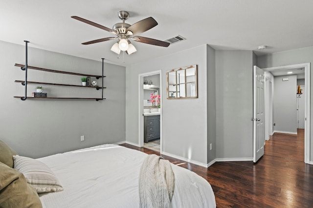 bedroom featuring connected bathroom, ceiling fan, and dark hardwood / wood-style floors