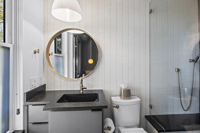 bathroom featuring a shower, vanity, and toilet