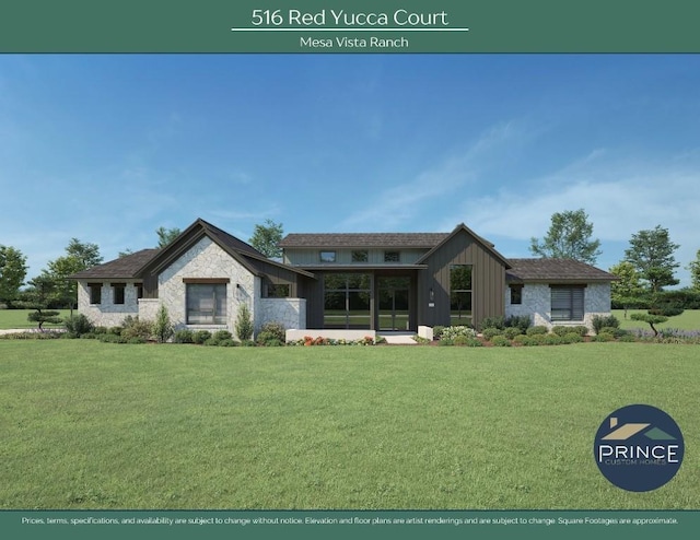 view of front facade featuring board and batten siding, stone siding, and a front yard