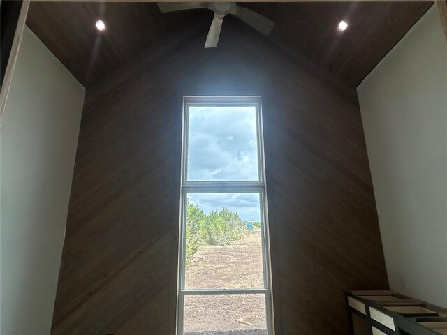 additional living space featuring recessed lighting, ceiling fan, and wood ceiling
