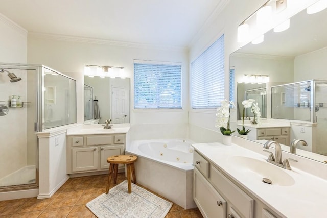 bathroom with tile patterned flooring, vanity, separate shower and tub, and crown molding