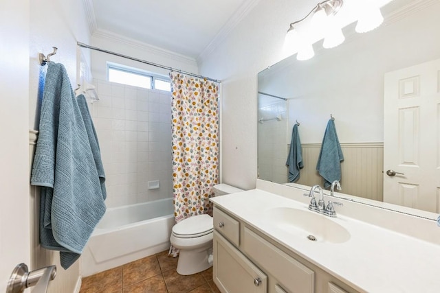 full bathroom featuring vanity, toilet, shower / bathtub combination with curtain, and ornamental molding