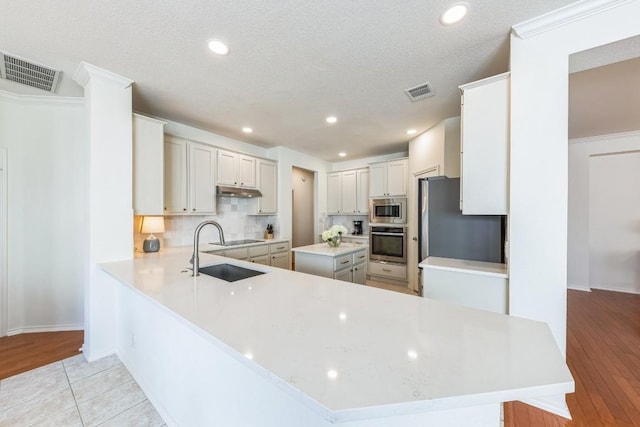 kitchen featuring kitchen peninsula, sink, appliances with stainless steel finishes, and light hardwood / wood-style flooring