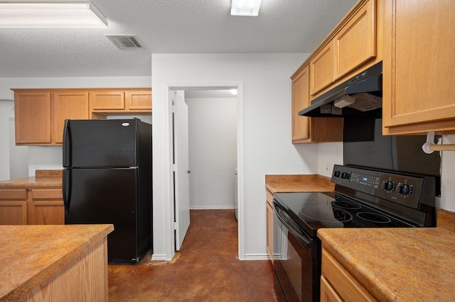 kitchen with a textured ceiling and black appliances