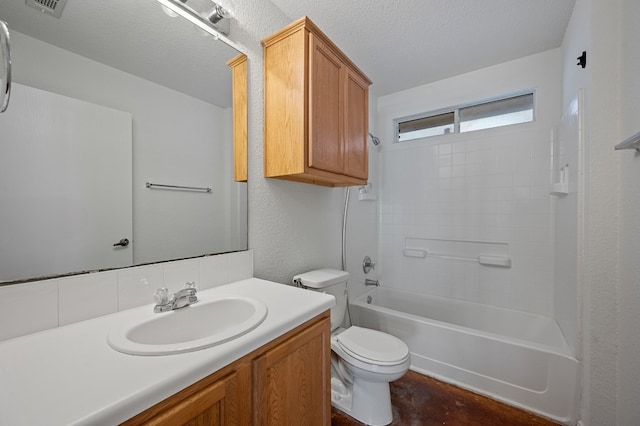 full bathroom with vanity, toilet, shower / bathtub combination, and a textured ceiling