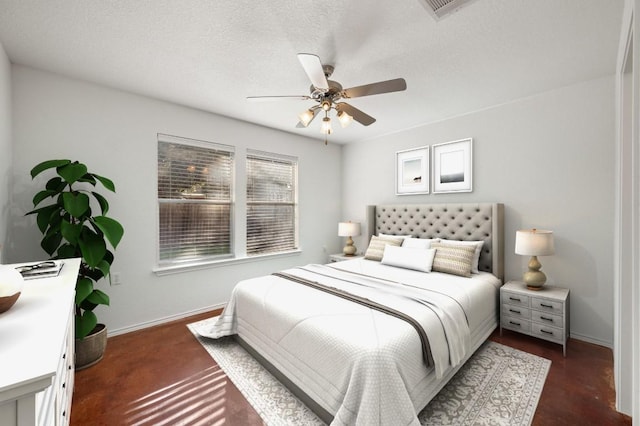 bedroom featuring ceiling fan and a textured ceiling