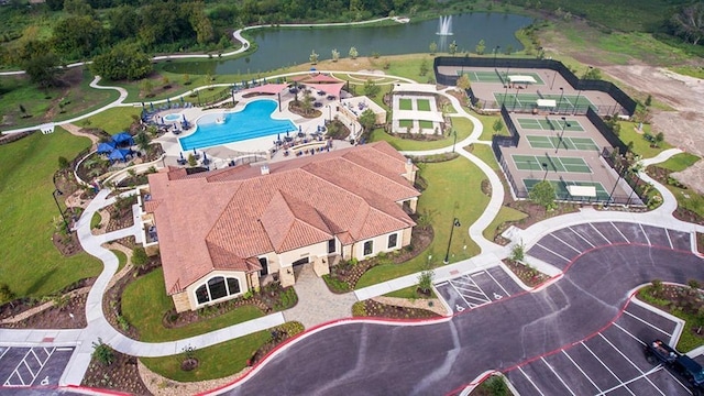 aerial view featuring a water view