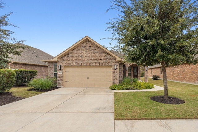 single story home featuring a garage and a front lawn