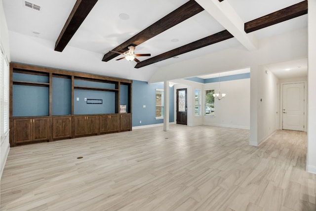 unfurnished living room featuring beamed ceiling, ceiling fan with notable chandelier, and light wood-type flooring