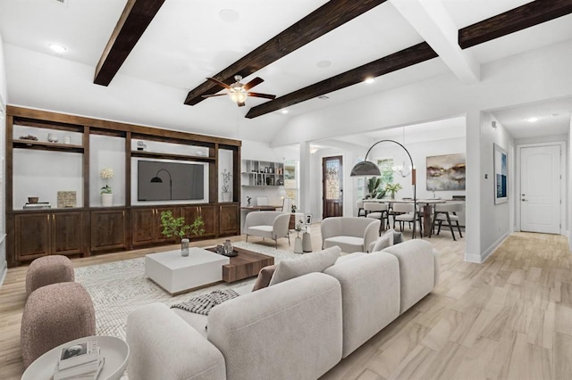 5152 Cornetto Blfs, Round Rock, TX 78665 - living area with beamed ceiling, recessed lighting, baseboards, and a ceiling fan