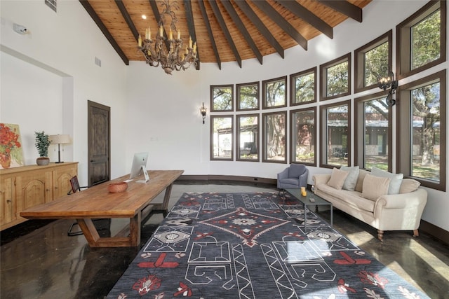 living room featuring beam ceiling, high vaulted ceiling, plenty of natural light, and wood ceiling