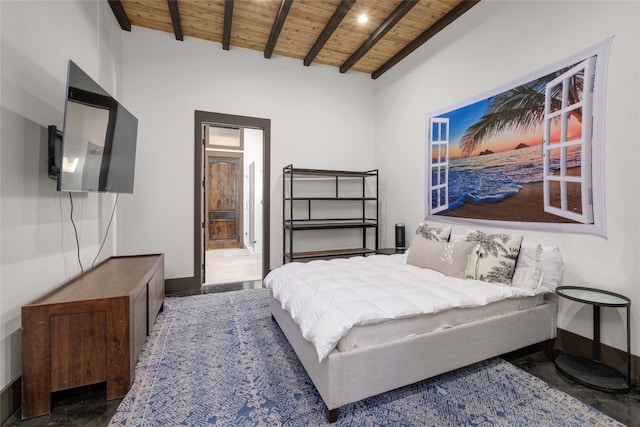 bedroom featuring beam ceiling, high vaulted ceiling, and wooden ceiling