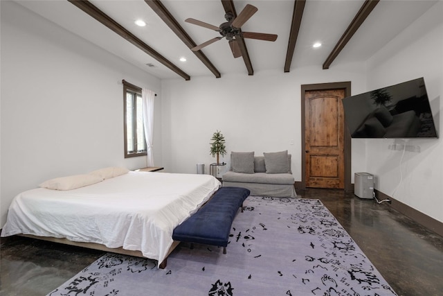 bedroom with ceiling fan and beam ceiling