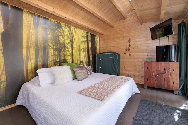 bedroom with wood walls, dark hardwood / wood-style flooring, wooden ceiling, and beam ceiling