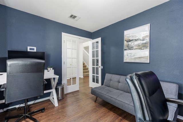 office space featuring dark wood-type flooring and french doors