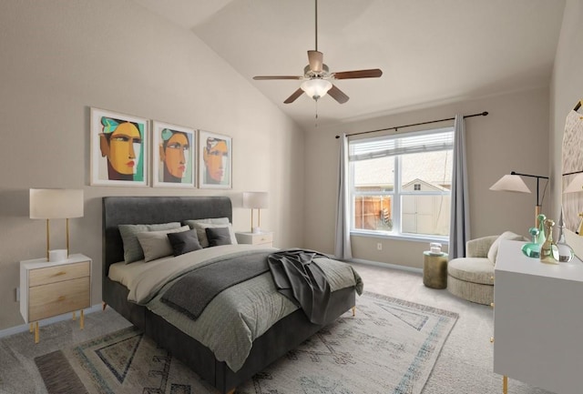 bedroom featuring ceiling fan, light carpet, and high vaulted ceiling