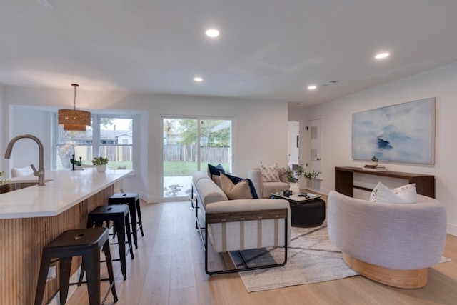 living room featuring sink and light hardwood / wood-style floors