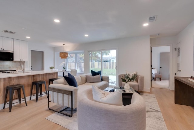 living room featuring light wood-type flooring and sink