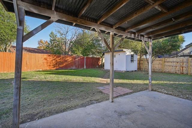 view of yard featuring a patio and a storage unit