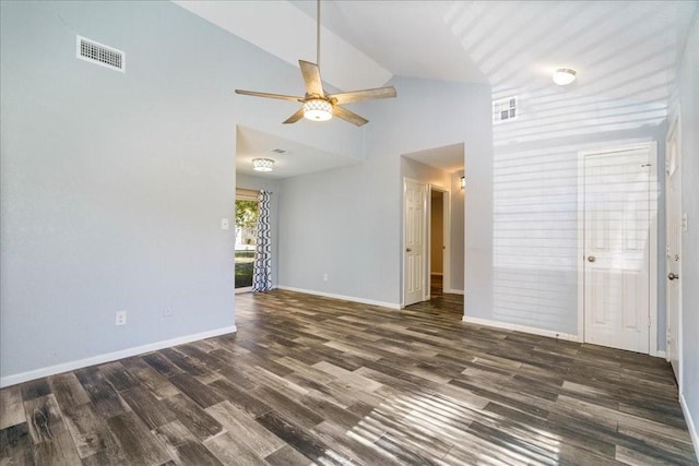 unfurnished room featuring ceiling fan, dark hardwood / wood-style flooring, and high vaulted ceiling