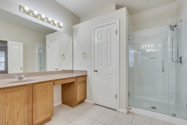 bathroom featuring tile patterned flooring, vanity, and an enclosed shower