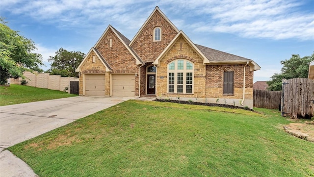 view of front of house with a garage and a front lawn