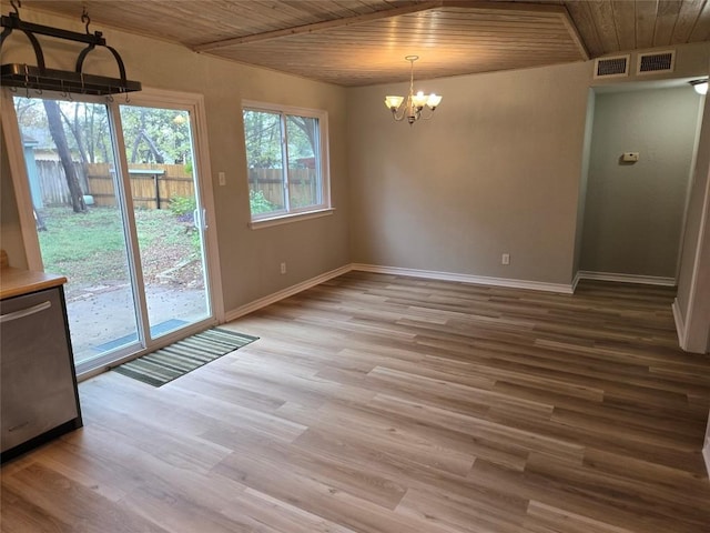 unfurnished dining area featuring wood-type flooring, an inviting chandelier, and wooden ceiling