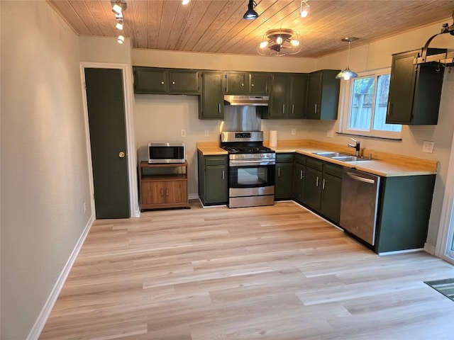 kitchen featuring hanging light fixtures, wooden ceiling, sink, and appliances with stainless steel finishes