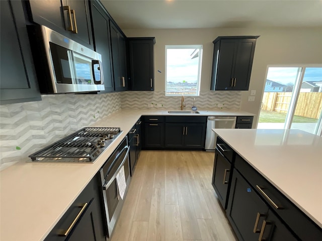 kitchen featuring light wood-type flooring, backsplash, sink, and stainless steel appliances