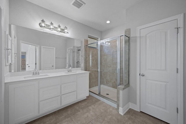 bathroom featuring a sink, visible vents, and a shower stall