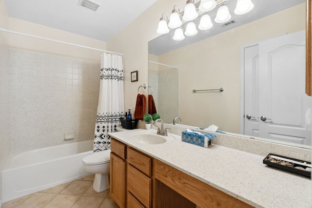 full bathroom with tile patterned flooring, vanity, shower / bath combo, and toilet